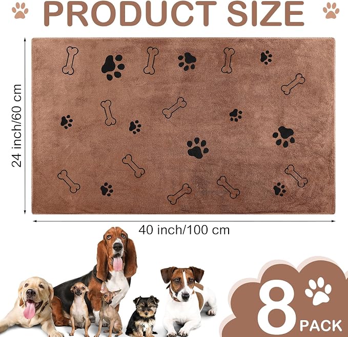 Chumia 8 Pcs Microfiber Dog Towels for Drying Dogs Cats 40 x 24 Inch Pet Towels Bulk for Large Puppy Absorbent Fast Drying Paw Bath Bathing Supplies for Pets(Dog Paw and Bone,Coffee)