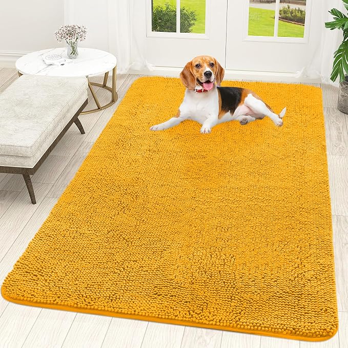 OLANLY Dog Door Mat for Muddy Paws 59x35, Absorbs Moisture and Dirt, Absorbent Non-Slip Washable Doormat, Quick Dry Chenille Mud Mat, Entry Indoor Entryway Carpet for Inside Floor, Golden Yellow