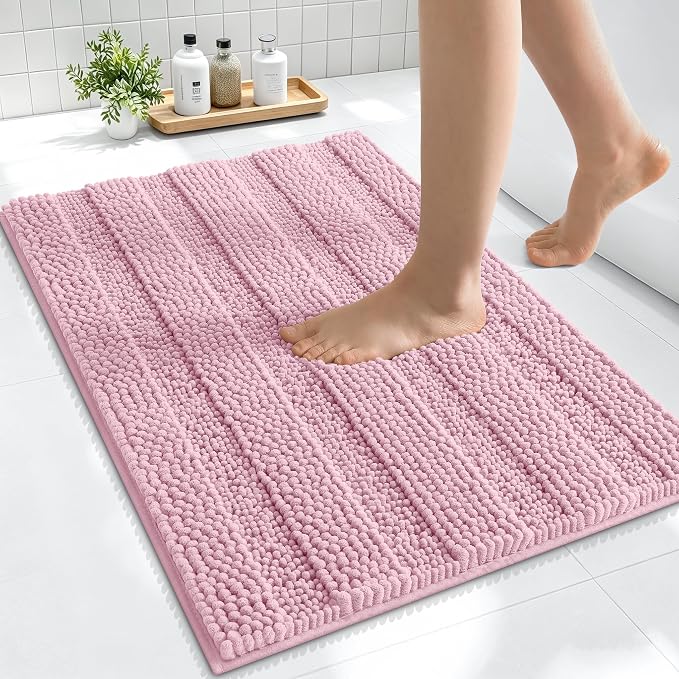 Smiry Thick Small Chenille Bathroom Rugs 24x16, Extra Soft Absorbent Striped Bath Mat, Machine Washable, Rubber Backing, Bath Rugs for Bathroom, Tub & Shower, Home Decor Accessories, Dusty Rose