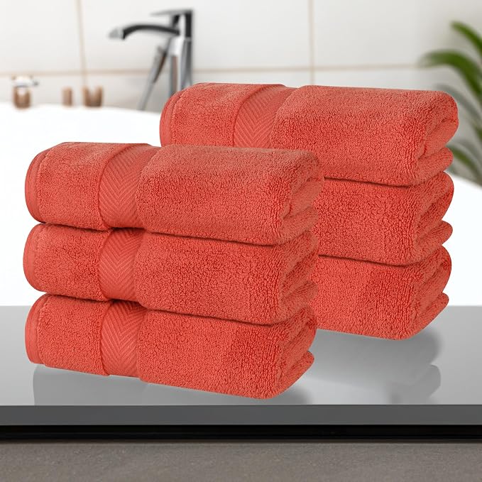 Superior Cotton Hand Towel Set, Medium Sized Towels, Plush Soft Absorbent Bathroom Basics, Home Essentials, Spa, Salon, Hotel, Kitchen, Luxury Quick Dry, Zero Twist Collection, Set of 6, Brick