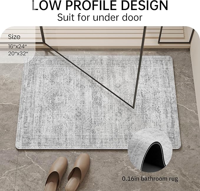 Mecko Bath Mat, Ultra Absorbent Quick Dry Bathroom Floor Mats-Rubber Non-Slip Thin Bathroom Rug Fit Under Door, Faux Suede Surface Shower Rug for Bathtub, Sink, Shower Room(Grey/Cream,20"x32")