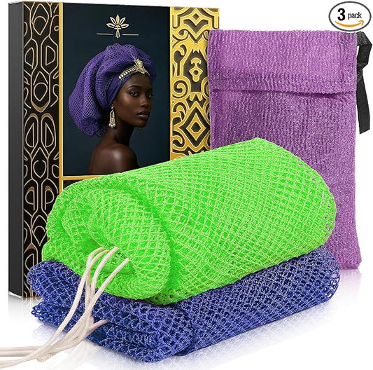 African Net Sponge 2 Pack - Deep Exfoliating Body Scrubber for Back & Full Body Care, Extra Long Loofah Alternative with Soap Bag, Double-Sided Exfoliation for Smooth Skin - Green, Blue & Purple