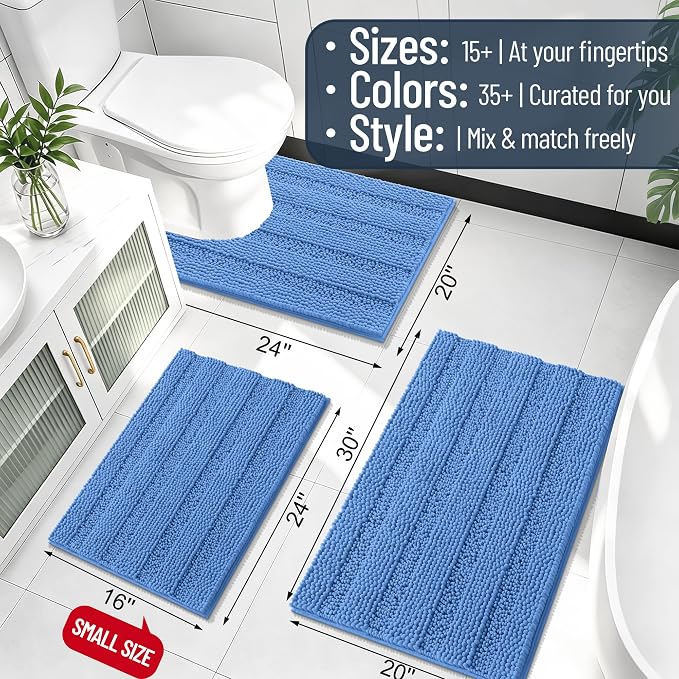 Smiry Thick Chenille Bathroom Runner Rugs 59x24, Absorbent Striped Bath Mat, Machine Washable, Rubber Backing, Extra Long Bath Rugs for Tub & Shower, Modern Home Decor Accessories, Cornflower Blue
