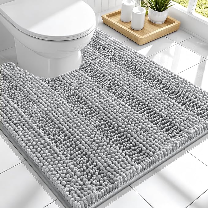 Smiry Thick Chenille Toilet Rugs U-Shaped 24x20, Extra Soft Absorbent Striped Contour Bathroom Rugs, Machine Washable, Dry Quickly, Bath Mat, Light Grey