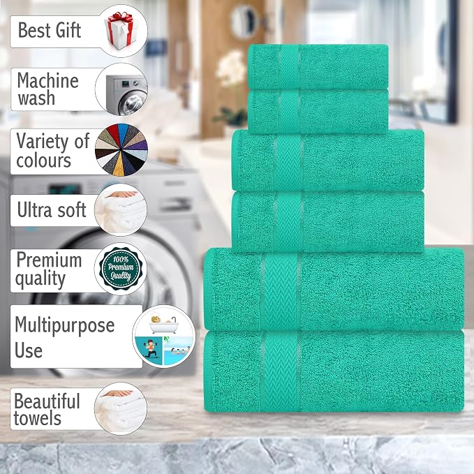 Luxury 6-Piece Bath Towel Set - 100% Cotton, Quick Dry, Absorbent, Plush, Soft - Home, Hotel, Shower Towels - Teal / Sea Green / Aqua