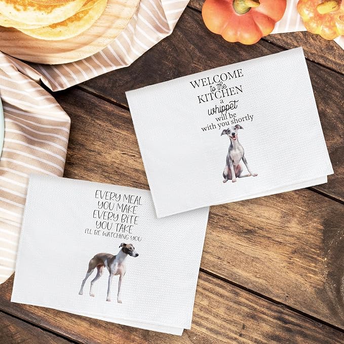 Funny Whippet Dog Kitchen Towels, Whippet Dog Lovers Gifts for Women Men Hand Towels, Pet Lover Gifts Dishcloths Dish Towel for Kitchen 16x24 Inches Set of 2