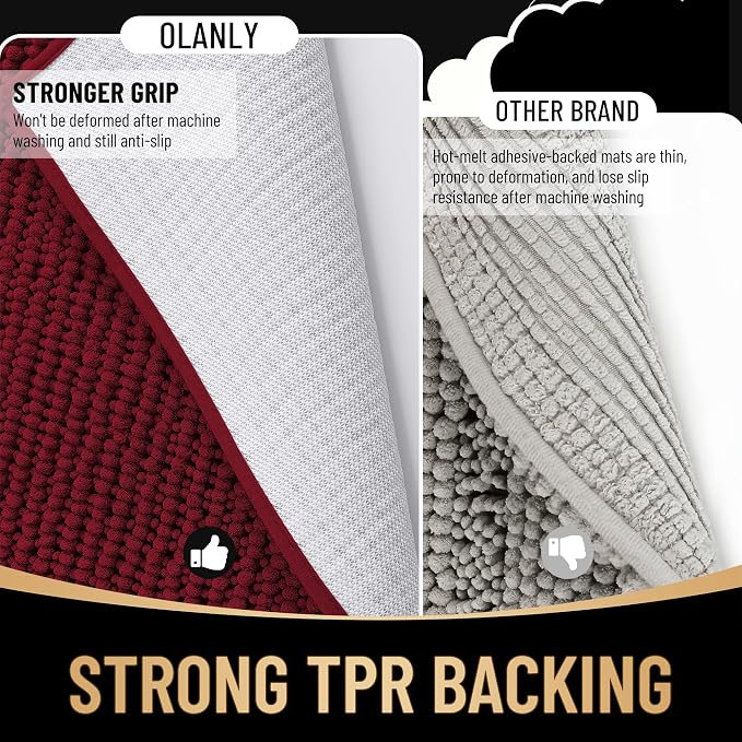 OLANLY Thick Small Bathroom Rugs 24x16, Extra Soft Absorbent Chenille Bath Rugs, Rubber Backing, Machine Wash Dry, Bath Mats for Bathroom Floor, Tub and Shower, Home Decor Accessories, Burgundy