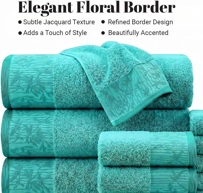Superior Floral Jaquard Cotton Hand Towels, 4 Pack Towel Set, Turquoise | 0