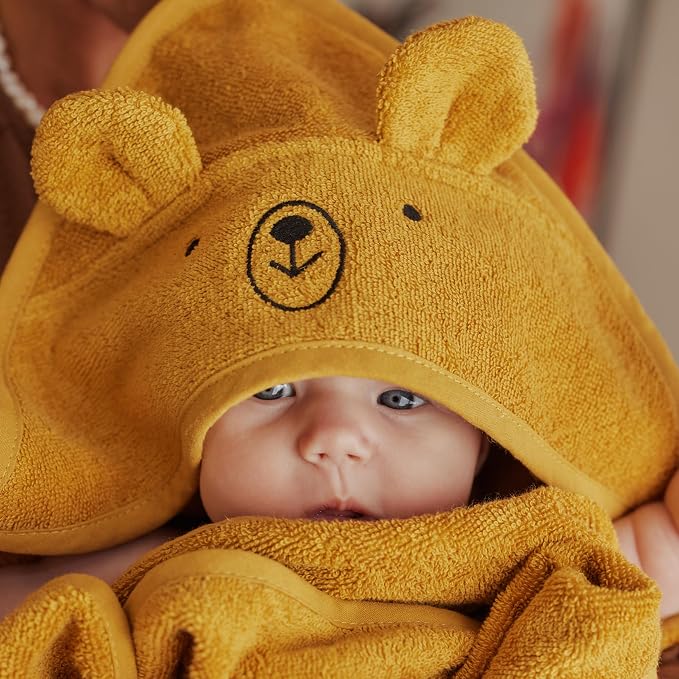 Hooded Baby Towel – 100% Organic Cotton Baby Bath Towels – Baby Boy and Girl Newborn Essentials - Super-Soft and Absorbent. (Bear - Autumn Yellov)