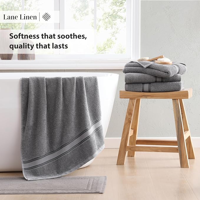 LANE LINEN 100% Cotton Bath Towels 4 Pack - Zero Twist, Premium Cotton Large Towels Set for Bathroom - Quick Dry, Soft & Absorbent Extra Large Bath Towel Set - Oeko Tex Certified - Cool Gery