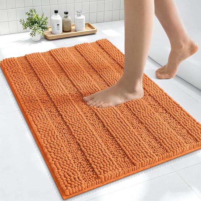 Smiry Thick Small Chenille Bathroom Rugs 24x16, Extra Soft Absorbent Striped Bath Mat, Machine Washable, Rubber Backing, Bath Rugs for Bathroom, Tub & Shower, Modern Home Decor Accessories, Clay