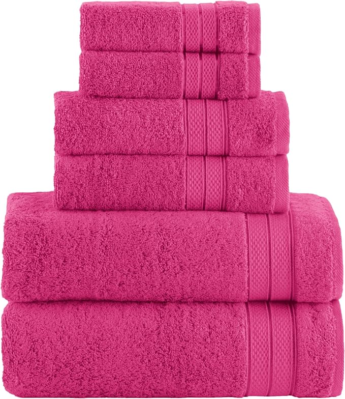 Elegant Comfort Luxury 6-Piece Towel Set, Premium Soft 100% Turkish Cotton, Three Line Popcorn Design 2 Bath Towels, 2 Hand Towels and 2 Washcloths Towel Set - Quick-Drying and Absorbent, Hot Pink