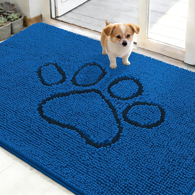 OLANLY Dog Door Mat for Muddy Paws 48x30, Paw Print Design, Absorbs Moisture and Dirt, Non-Slip Washable Doormat, Quick Dry Chenille Mud Mat for Dogs, Entry Indoor Entryway Carpet, Deep Navy Blue