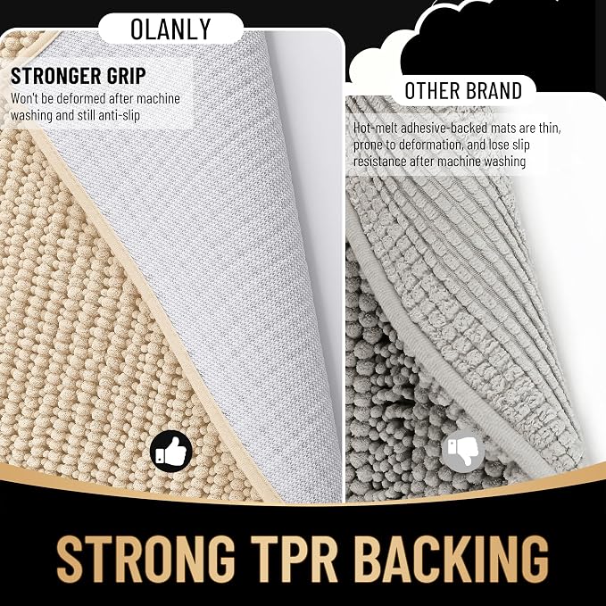 OLANLY Thick Bathroom Runner Rugs 70x24, Extra Soft Absorbent Chenille Bath Rugs, Rubber Backing, Machine Wash Dry, Long Bath Mats for Bathroom Floor, Tub and Shower, Home Decor Accessories, Beige