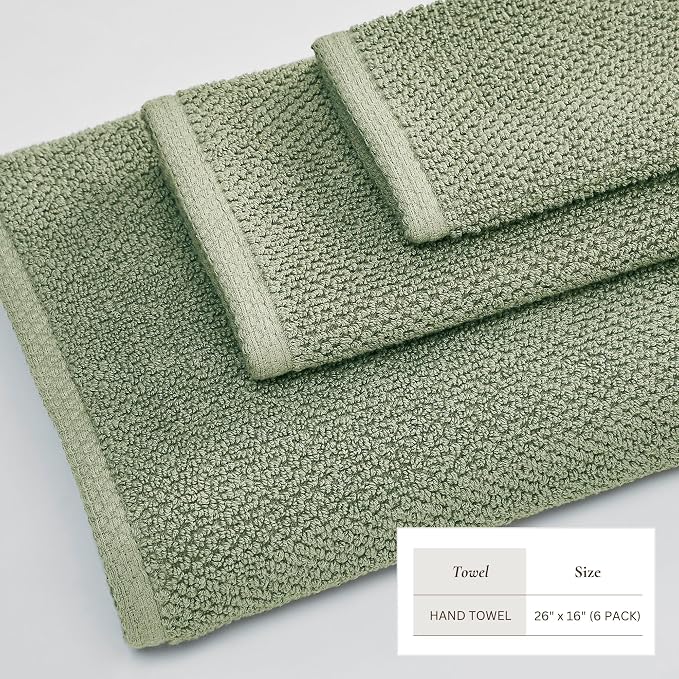 Great Bay Home 100% Cotton 6 Pack 26x16 Hand Towel Set - Absorbent, Quick-Drying, Durable Towels for Bathroom Decor - Low-Twist, Two-Ply Fibers (Eucalyptus)