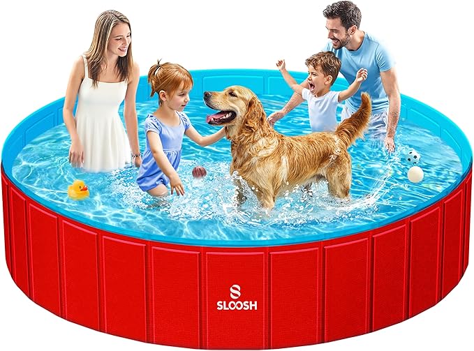 Sloosh Foldable Dog Pool - Portable Hard Plastic Doggie Swimming Pool, Anti-Slip Collapsible Pets Bath Tub Suitable for Indoor Outdoor Backyard Use (Red, 71" x 12")