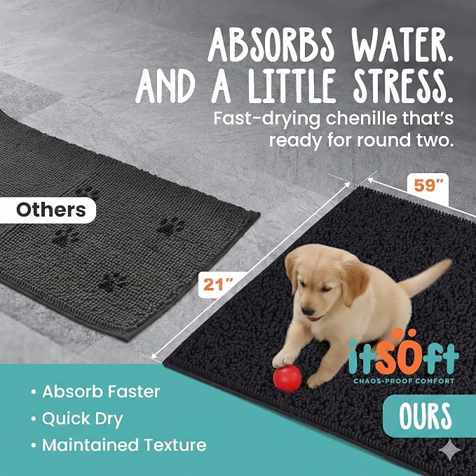 Dog Rugs for Muddy Paws 59x21 | Cleaner Mud Free Floors | Muddy Dogs Mats for Indoor, Dog Mat for Muddy Paws Door Mat Washable, Absorbent Chenille Mud Room Rug Paw Matt w/ Non Slip Backing, Black