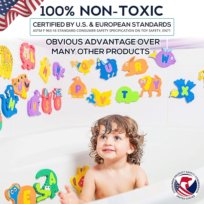 Foam Bath Toys Letters - Set of 52 Pcs - Non-Toxic Bathtub ABC Alphabet for Kids Toddlers - Original Premium Educational Floating Animals Puzzles for Baby Boys Girls