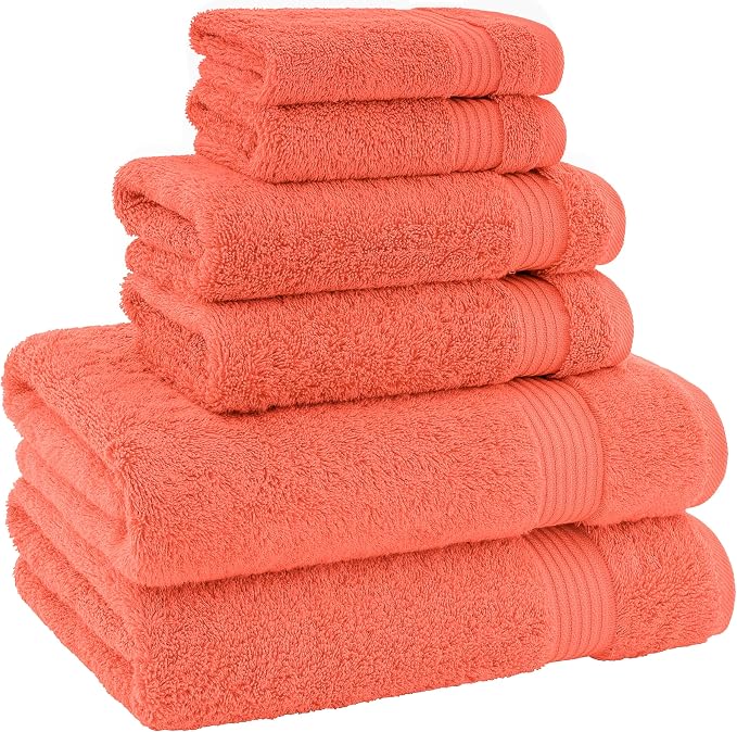 American Bath Towels 100% Cotton 6 Piece Turkish Towel Set, Ultra Soft Absorbent Bathroom Towels, 2 Bath Towel 2 Hand Towels 2 Washcloths, Coral