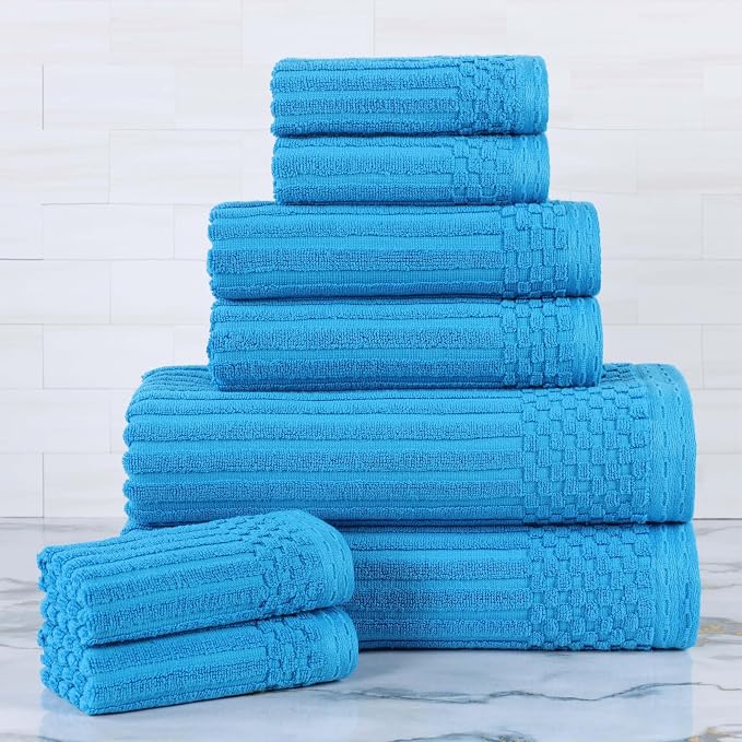 Superior Cotton 8-Piece Solid and Ribbed Towel Set, Face Towels 13” x 13”, Hand Towels 16” x 28”, Bath Towels 27” x 54”, Azure