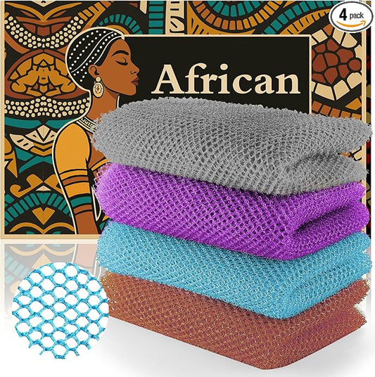 African Bath Sponge 4 Pieces - Net Exfoliator for Glowing Skin, Long-Lasting Nylon Mesh Scrubber, Gentle Enough for Daily Use (Brown, Blue, Purple, Gray)