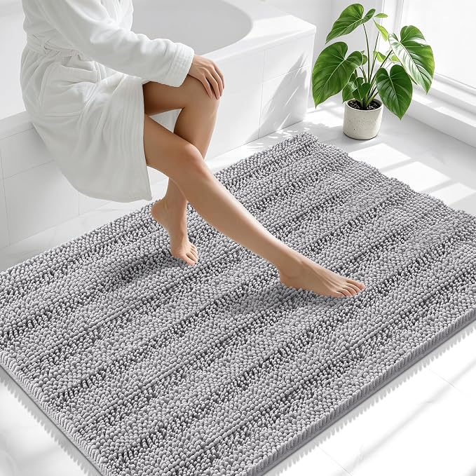 Smiry Thick Chenille Large Bathroom Rugs 44x32, Extra Soft Absorbent Striped Bath Mat, Machine Washable, Rubber Backing, Bath Rugs for Bathroom, Tub & Shower, Home Decor Accessories, Grey