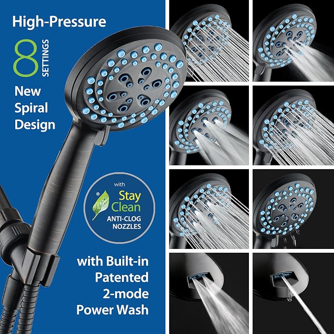 AquaCare Seen-On-TV High Pressure 8-mode Handheld Shower Head - 2-mode Power Wash to Clean Tub, Tile & Pets, Stay-Clean Nozzles, Extra Long 6 ft. Stainless Steel Hose, Wall & Overhead Brackets,Bronze