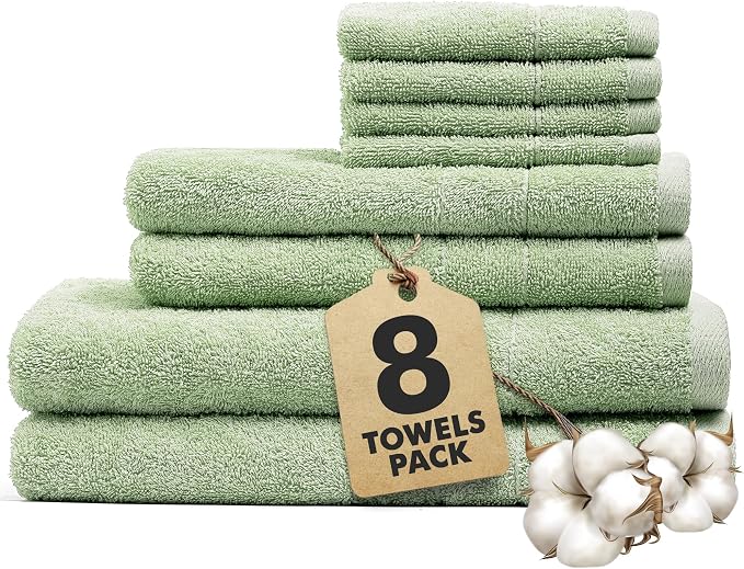 Bath Towels Set of 8 – 100% Cotton (Light Green) Bathroom Towel Set Bale Includes 2 Bath, 2 Hand, 4 Face Towels – Soft, Absorbent & Quick Dry Towel for Bathroom, Spa, Kitchen, Hotel Use