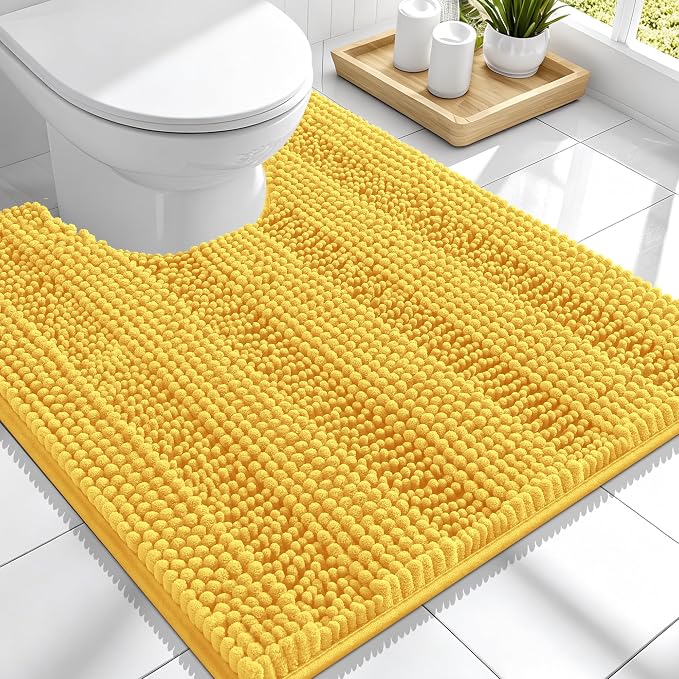 Smiry Thick Chenille Toilet Rugs U-Shaped 24x20, Extra Soft Absorbent Striped Contour Bathroom Rugs, Machine Washable, Dry Quickly, Bath Mat, Yellow