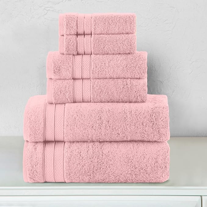 Elegant Comfort Luxury 6-Piece Towel Set, Premium Soft 100% Turkish Cotton, Three Line Popcorn Design 2 Bath Towels, 2 Hand Towels and 2 Washcloths Towel Set - Quick-Drying and Absorbent, Dusty Pink