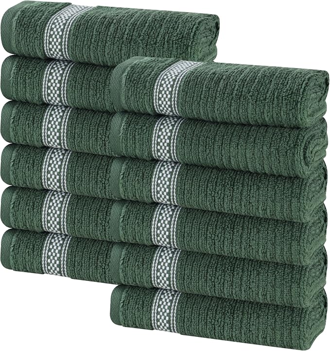Superior Cotton Face Towel/Washcloth Set, Zero Twist, Ribbed Geometric, Small Facial Towels, Spa, Hotel, Guest, Home, Bathroom Basics, Plush Soft Absorbent, Luxury Quick Dry, Set of 12, Forest Green