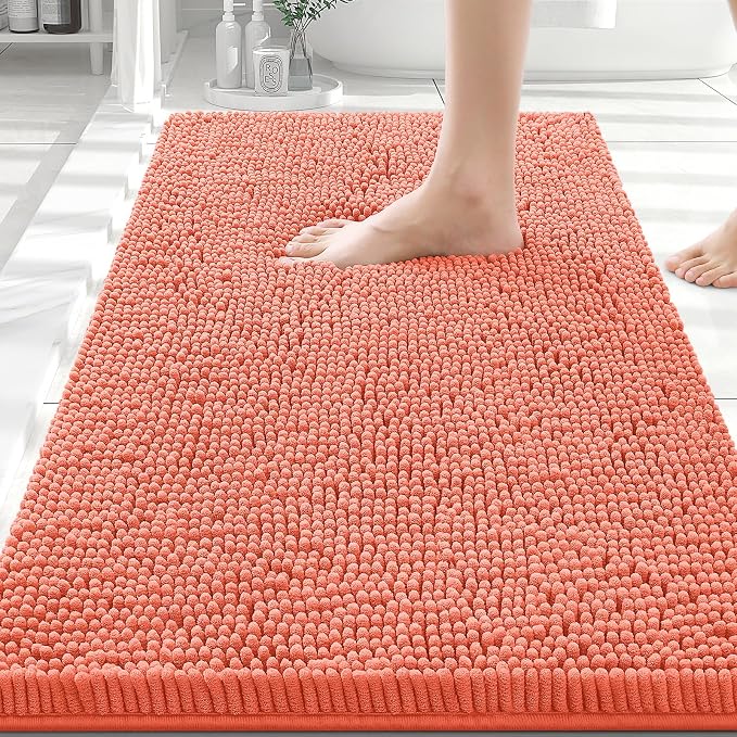 Smiry Luxury Chenille Bathroom Rugs 30x20, Extra Soft and Absorbent Shaggy Bath Mat, Machine Washable, Non-Slip Plush Carpet Runner for Tub, Shower, and Floor, Home Decor Accessories, Coral
