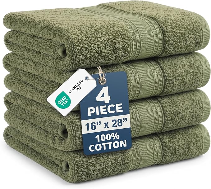 LANE LINEN Bath Hand Towels for Bathroom - 4 Pack (16" x 28"), 100% Cotton Hand & Face Towels Set - Soft, Prevent Fraying & Machine Washable - Everyday Family Towel, Gets Softer Each Wash - Oil Green