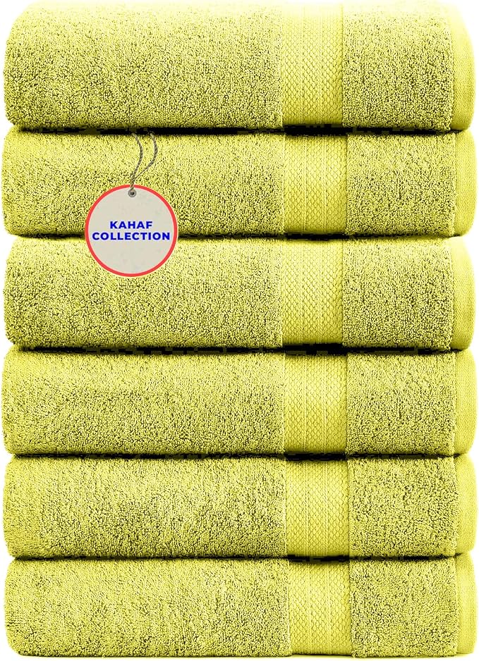 KAHAF COLLECTION 100% Cotton Bath Towels, 24x48 Pack of 6 Towels, Quick Dry, Highly Absorbent, Soft Feel Towel, Gym, Spa, Bathroom, Shower, Pool, Luxury Soft Towels (Yellow, 24x48-6 Pack)