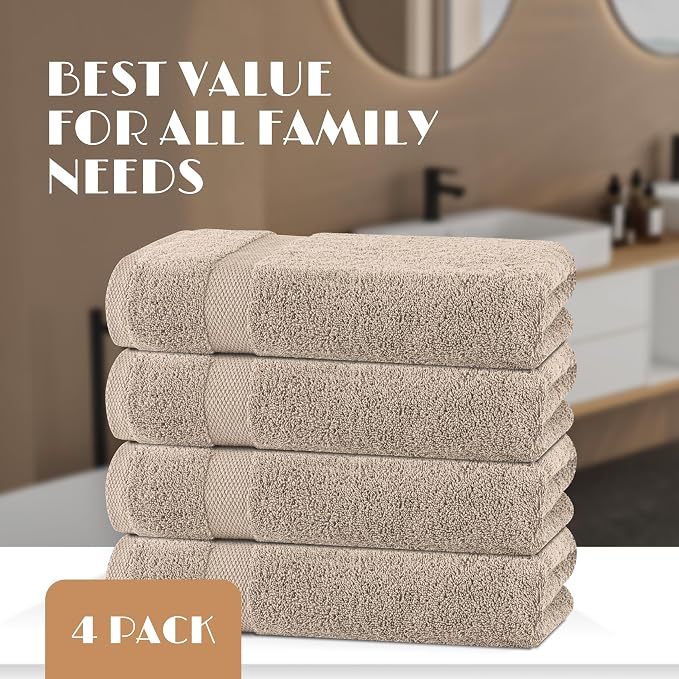 White Classic Wealuxe Taupe Bath Towels 27x54 Inch, Cotton Towel Set for Bathroom, Hotel, Gym, Spa, Soft Extra Absorbent Quick Dry 4 Pack