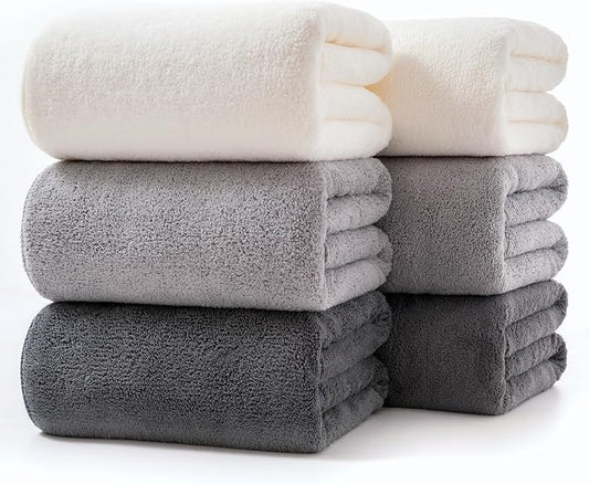Lumimi Towels 6 Piece Multicolour Soft Microfiber Bath Towel Set Incredibly Absorbent Lightweight Quick Dry and Durable, 55" L x 27" W, 6 Pack White Dark Light Grey