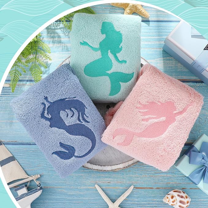 Hahafelt 3 Pack Coastal Mermaid Hand Towels for Bathroom 100% Cotton Embroidered Beach Bathroom Towels 13.78 x 29.53 Inch Soft Absorbent(Pink Green Blue, Mermaid)