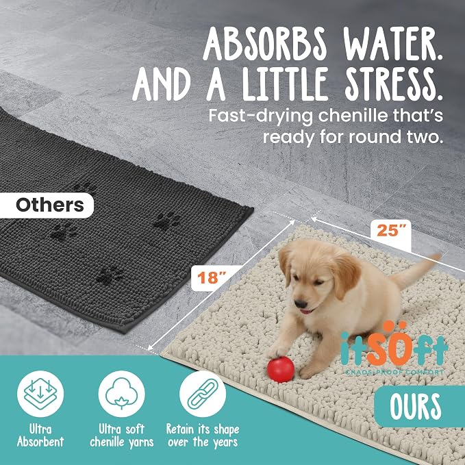 Dog Rugs for Muddy Paws 25x18 | Cleaner Mud Free Floors | Muddy Dogs Mats for Indoor, Dog Mat for Muddy Paws Door Mat Washable, Absorbent Chenille Mud Room Rug Paw Matt w/ Non Slip Backing, Wax White