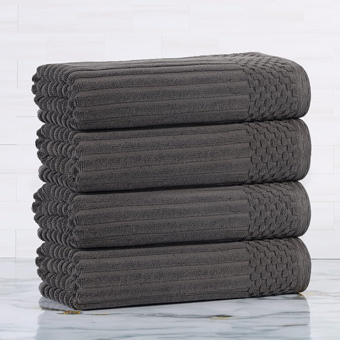 Superior Cotton Face Towel/Washcloth Set of 12, Daily Use for Bathroom, Guest Bath, Quick Dry Small Towels, Face, Hand, Gym, Spa, Hotel, Absorbent, Essentials, Ribbed, Soho Collection, Charcoal