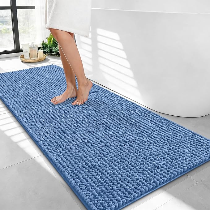 OLANLY Thick Bathroom Runner Rugs 44x24, Extra Soft Absorbent Chenille Bath Rugs, Rubber Backing, Machine Wash, Long Bath Mats for Bathroom, Tub and Shower, Home Decor Accessories, Cornflower Blue