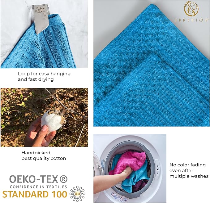 Superior Cotton 4-Piece Solid and Ribbed Hand Towel Set, Hand Towels- 16" x 28", Azure