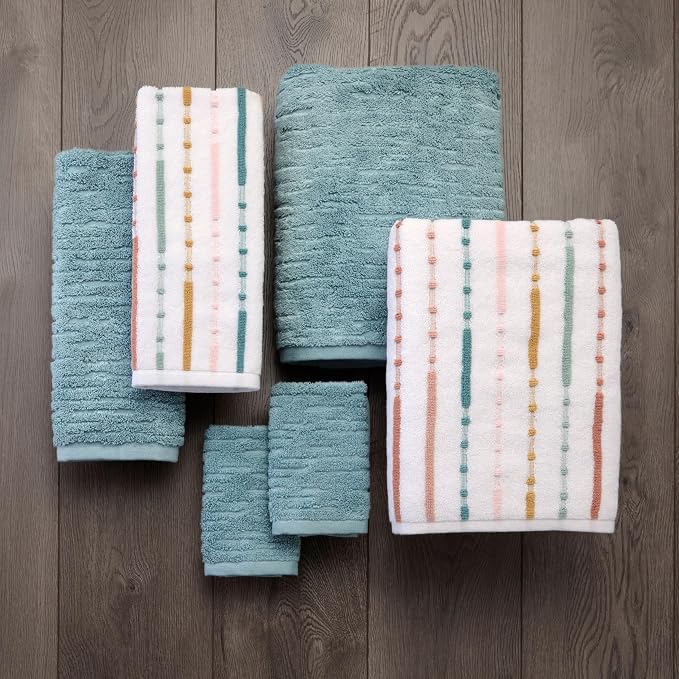 SKL Home CloudSoft/Modesto Stripe 100% Cotton Luxury 6-Piece Towel Set - 600 GSM, Ultra Plush & Absorbent, Reversible - 2 Bath Towels, 2 Hand Towels, 2 Washcloths, Teal/Multi