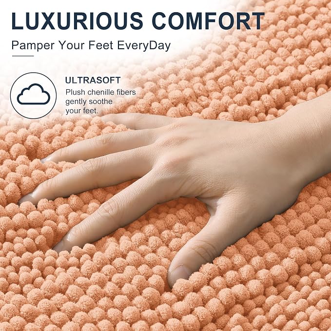 Smiry Thick Small Chenille Bathroom Rugs 24x16, Extra Soft Absorbent Striped Bath Mat, Machine Washable, Rubber Backing, Bath Rugs for Bathroom, Tub & Shower, Modern Home Decor Accessories, Peach