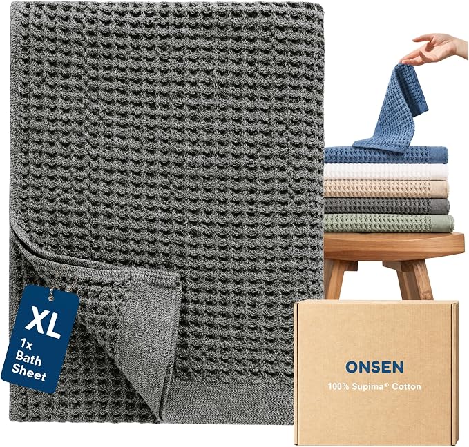 ONSEN Supima® Waffle Bath Sheet, Large, Quick Dry Lint Free 100% USA Cotton, Oversize Lightweight Absorbent Bath Sheet, 38x67 in (Cinder Grey, 1x Bath Sheet)