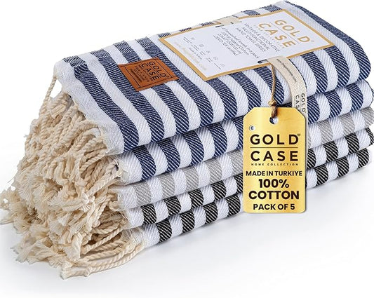 Gold CASE Turkish Hand Towels Set of 5 – 100% Cotton Hand Towels for Bathroom 20 x 40'' – Soft & Quick Dry Cotton Towel for Hands, Hair, SPA & Gym – Elegant Bathroom Towel Set in Multi Dark