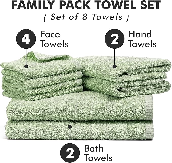 Bath Towels Set of 8 – 100% Cotton (Light Green) Bathroom Towel Set Bale Includes 2 Bath, 2 Hand, 4 Face Towels – Soft, Absorbent & Quick Dry Towel for Bathroom, Spa, Kitchen, Hotel Use