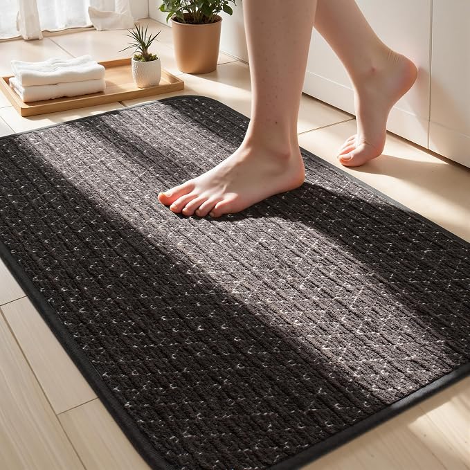 Non Slip Thin Bath Mat Rubber Backing Quick Dry Super Absorbent Bathroom Rugs Fit Under Door, Woven Shower Rug for Bathtub, Toilet, Floor, Easy Care, Machine Washable, 17"x 24", Black