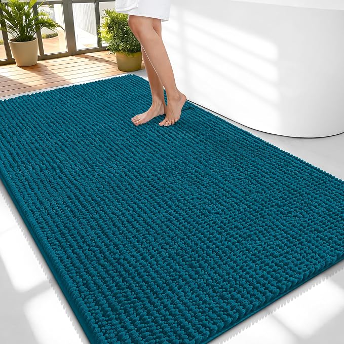 OLANLY Thick Large Bathroom Rugs 59x35, Extra Soft Absorbent Chenille Bath Rugs, Rubber Backing, Machine Wash Dry, Bath Mats for Bathroom Floor, Tub and Shower, Home Decor Accessories, Peacock Blue