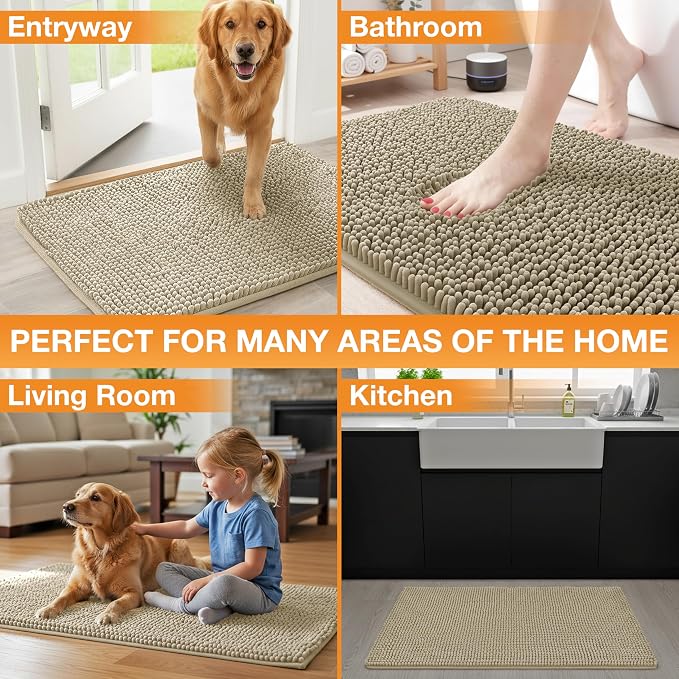 Neater Pets Muddy Paws Dog Door Mat 24” x 17” – Super Absorbent & Quick-Dry Chenille Doormat for Trapping Dirt, Water, Mud - Non-Slip & Machine Washable Pet Rugs for Entryway, Indoor Mud Mats, Tan