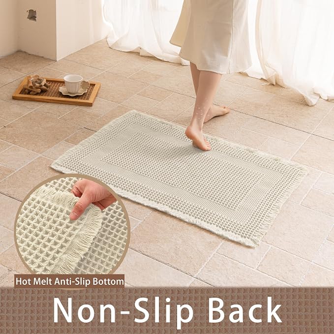 Waffle Runner Rug Non Slip, Boho Bath Mat, Super Absorbent Quick Dry Long Bath Runner Bathroom, Soft Farmhouse Bath Rug with Tassels, Washable Shower Mats for Floor 24"x72", Square Cream
